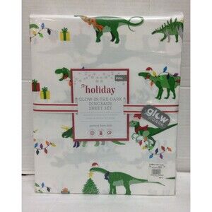 Pottery Barn Kids Holiday Glow In The Dark Dinosaur bed Sheet Set FULL